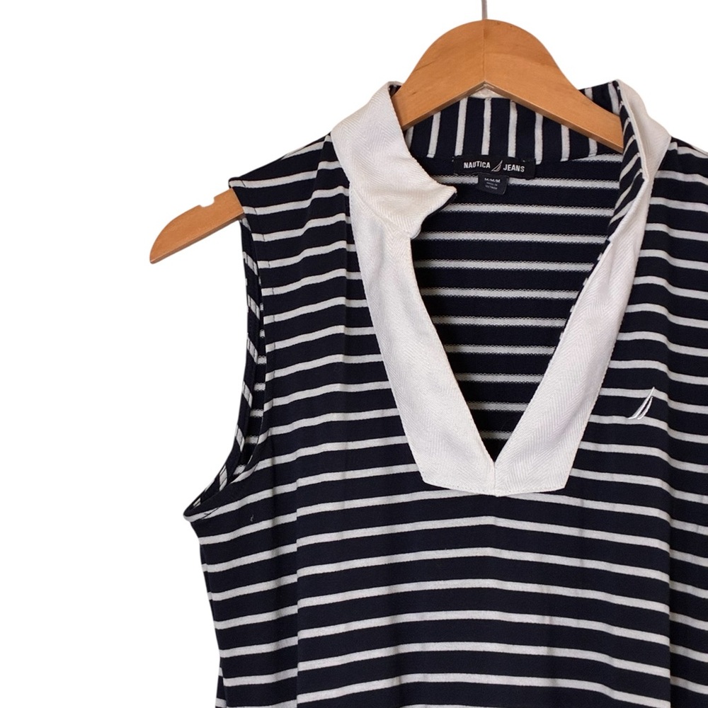 Nautica Jeans | Navy and white striped cotton collared v-neck tiered midi dress - Picture 4 of 14